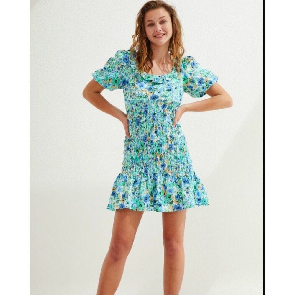 Zara Blue Floral Print Short Sleeve Smocked Square Neck Flare Mini Dress Size XS